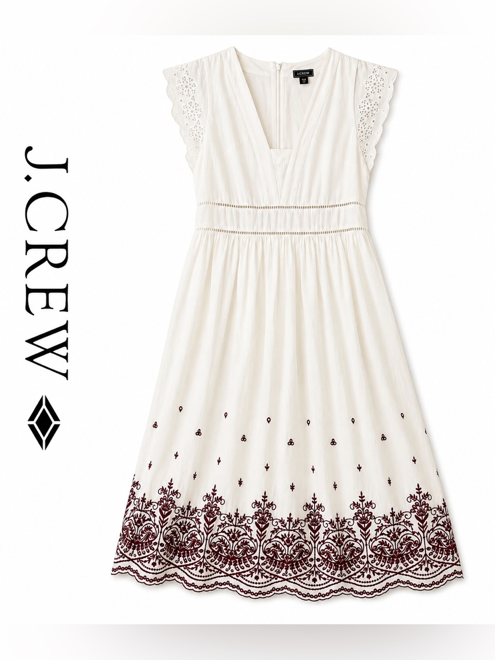Point Sur J Crew White Maroon Embroidered Boho Midi Dress Eyelet P10 NWT
